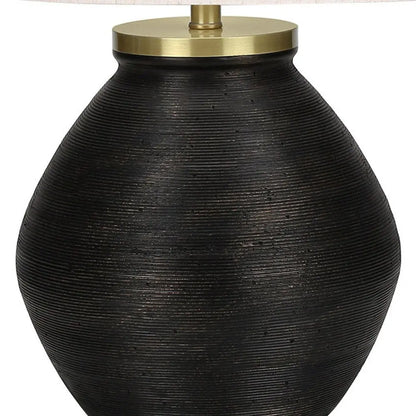 25" Black and Gold Concrete Round Table Lamp With Ivory Drum Shade HomeRoots