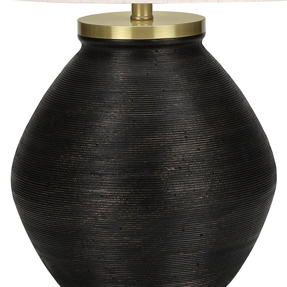 25" Black and Gold Concrete Round Table Lamp With Ivory Drum Shade HomeRoots