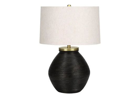 25" Black and Gold Concrete Round Table Lamp With Ivory Drum Shade HomeRoots