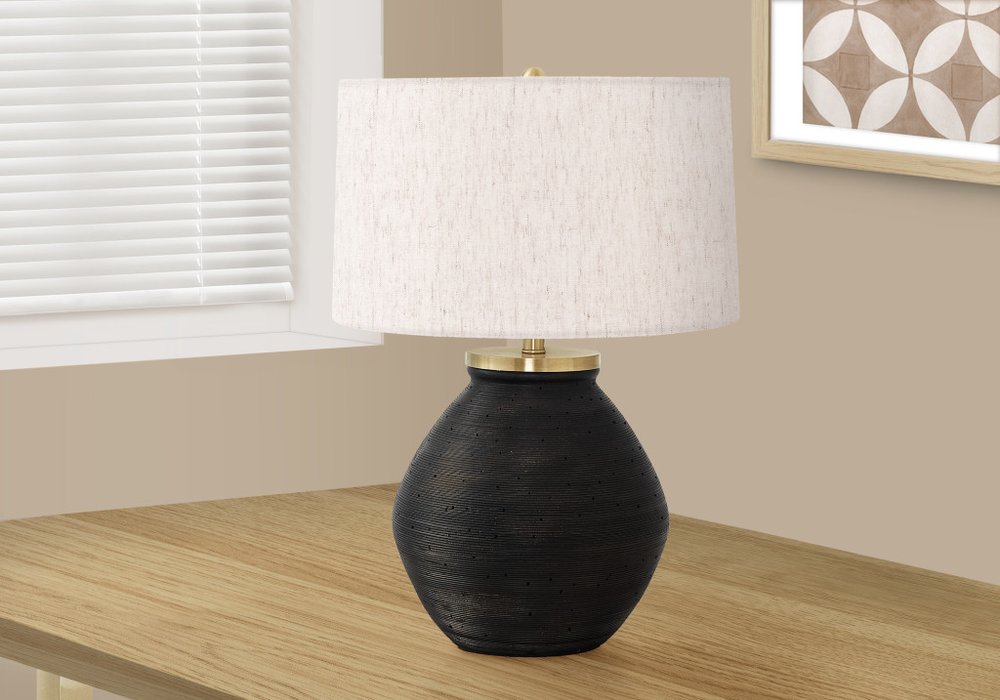 25" Black and Gold Concrete Round Table Lamp With Ivory Drum Shade — view 2