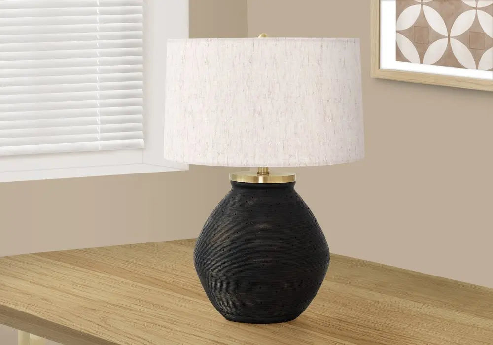 25" Black and Gold Concrete Round Table Lamp With Ivory Drum Shade HomeRoots
