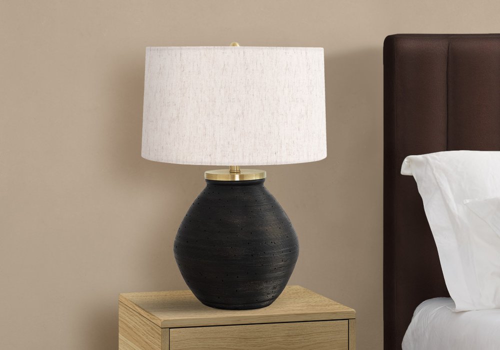 25" Black and Gold Concrete Round Table Lamp With Ivory Drum Shade — view 3