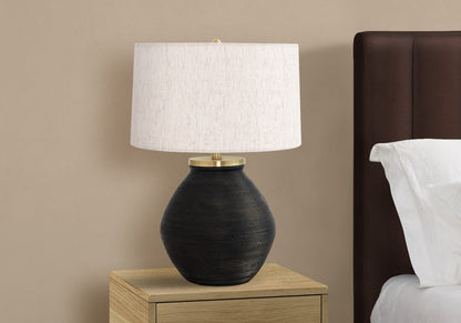 25" Black and Gold Concrete Round Table Lamp With Ivory Drum Shade HomeRoots