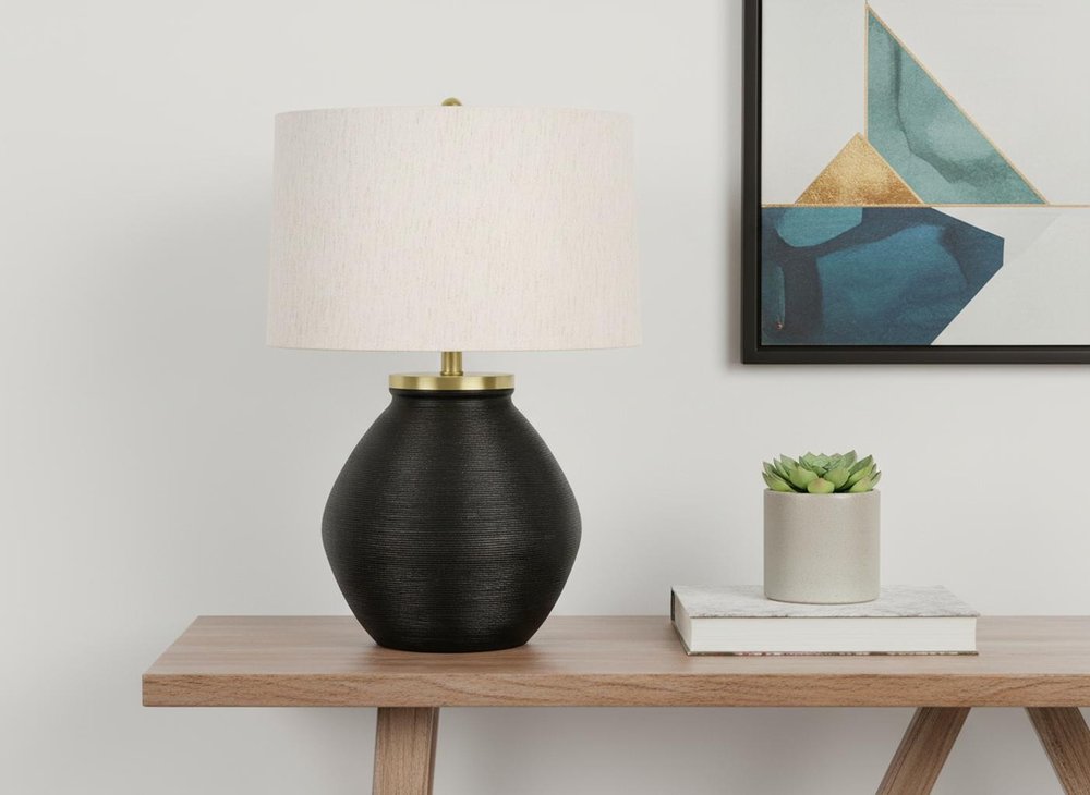 25" Black and Gold Concrete Round Table Lamp With Ivory Drum Shade — view 10
