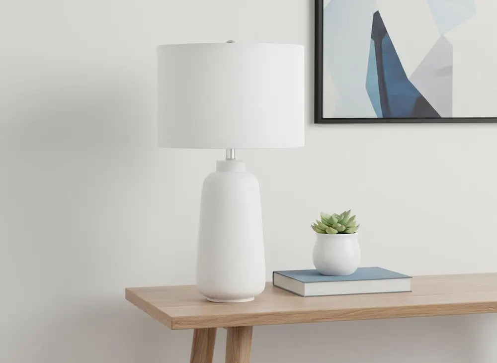 26" Cream Ceramic Cylinder Table Lamp With Cream Drum Shade HomeRoots