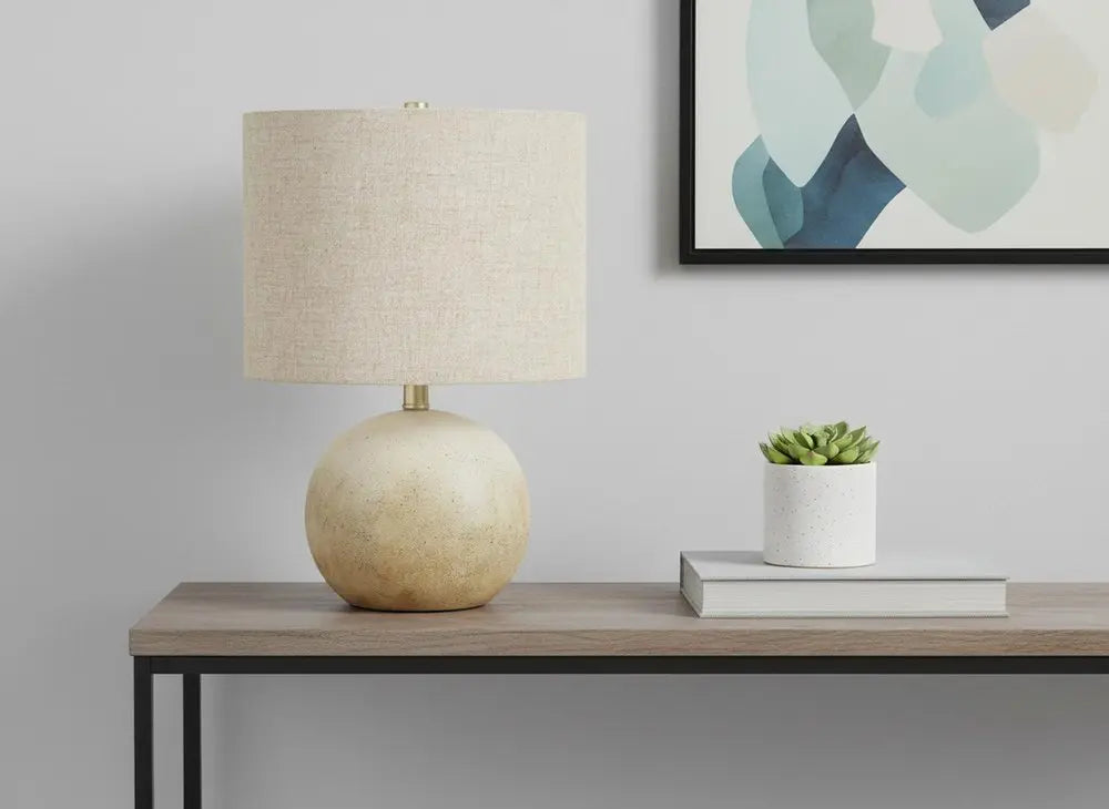 20" Beige Concrete Round Table Lamp With Beige Drum Shade HomeRoots