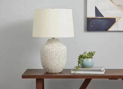 26" Cream Ceramic Round Table Lamp With Cream Empire Shade HomeRoots