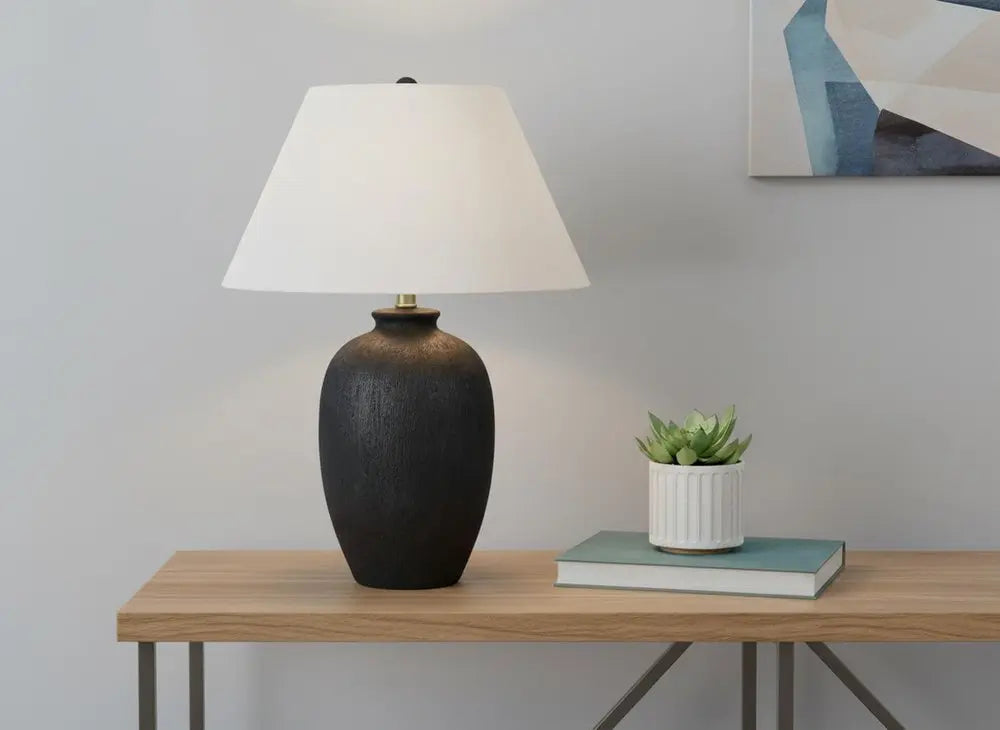 24" Black Ceramic Round Table Lamp With Ivory Empire Shade HomeRoots