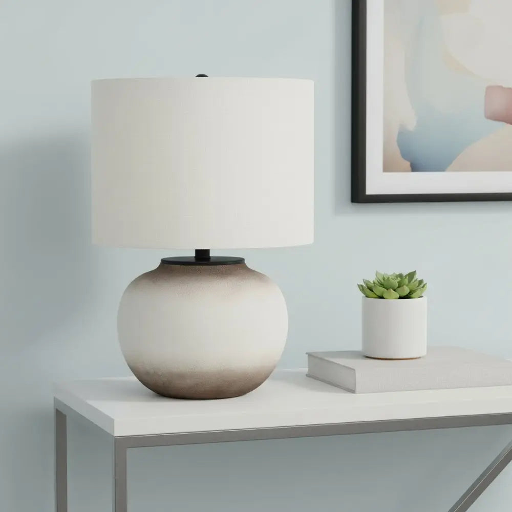 21" Cream Ceramic Round Table Lamp With Cream Drum Shade HomeRoots