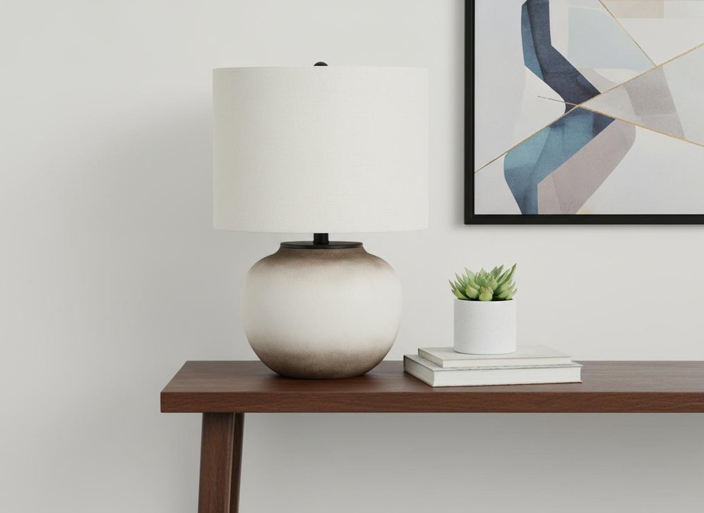 21" Cream Ceramic Round Table Lamp With Cream Drum Shade HomeRoots