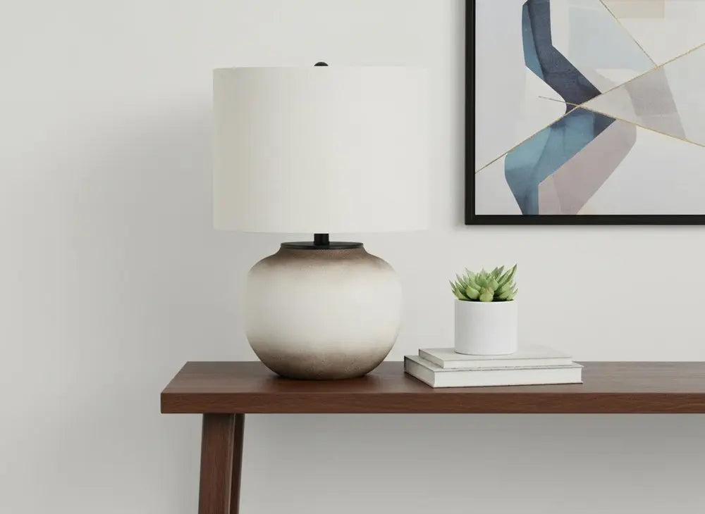 21" Cream Ceramic Round Table Lamp With Cream Drum Shade HomeRoots