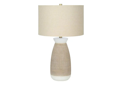 27" Brown and White Ceramic Round Table Lamp With Beige Drum Shade HomeRoots