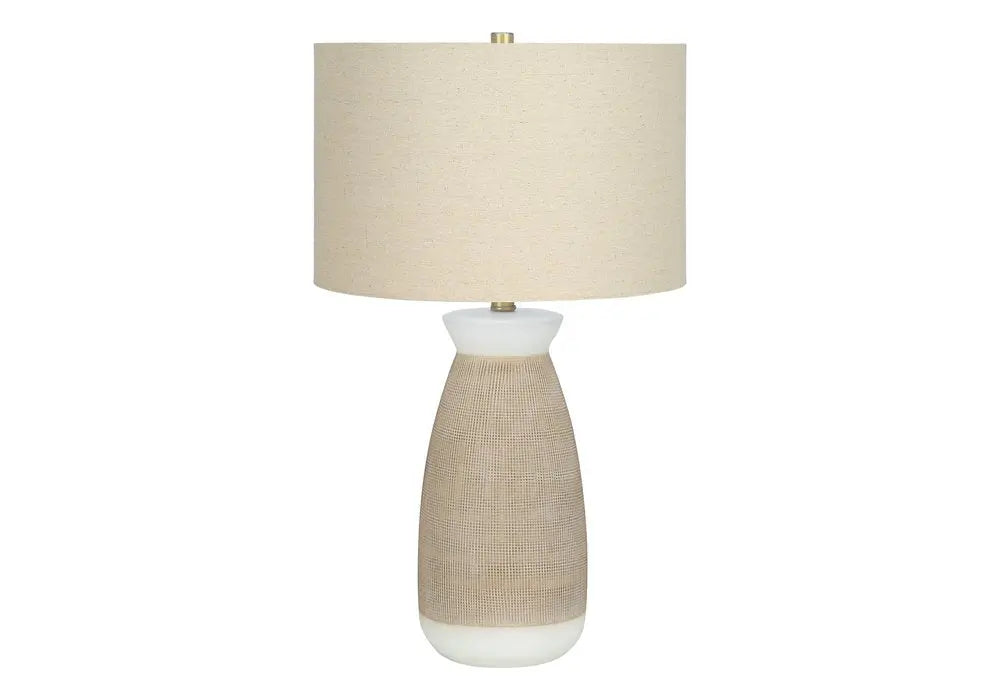 27" Brown and White Ceramic Round Table Lamp With Beige Drum Shade HomeRoots