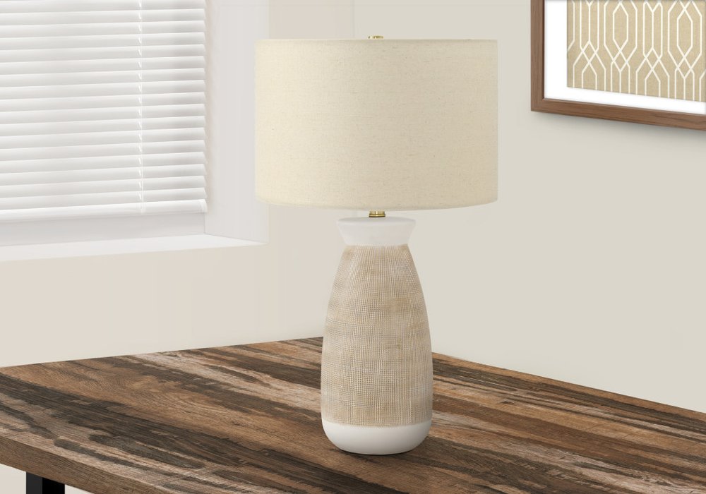 27" Brown and White Ceramic Round Table Lamp With Beige Drum Shade HomeRoots