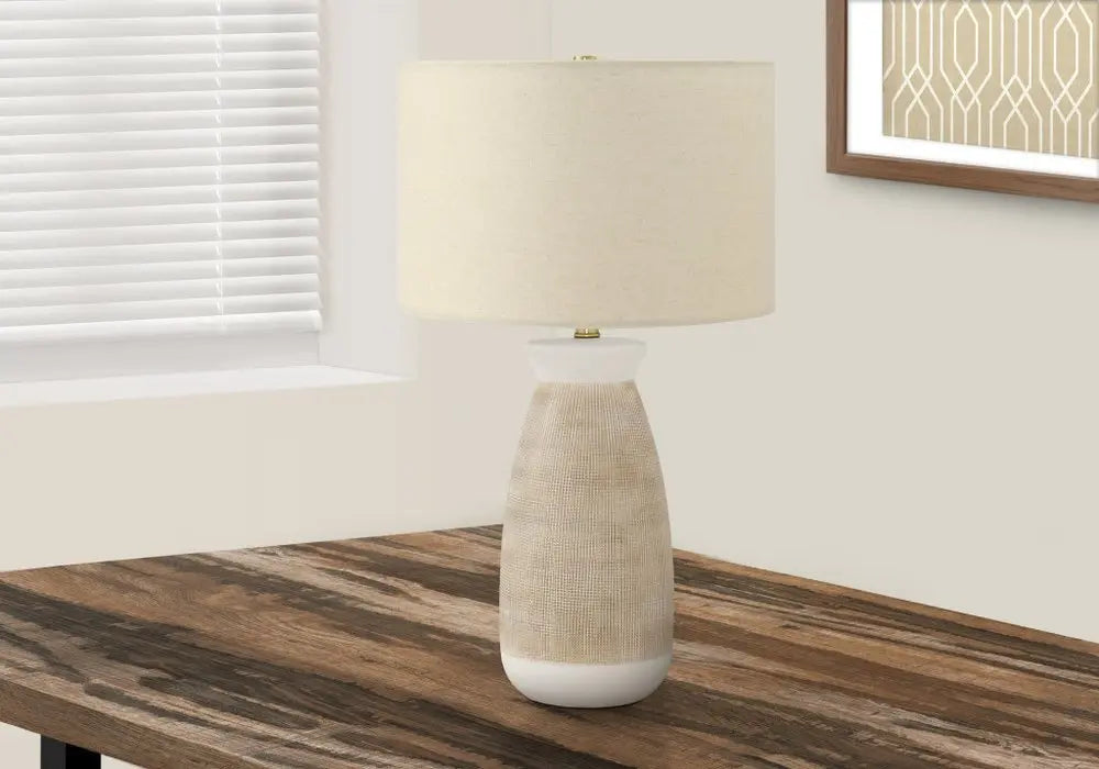 27" Brown and White Ceramic Round Table Lamp With Beige Drum Shade HomeRoots