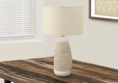 27" Brown and White Ceramic Round Table Lamp With Beige Drum Shade HomeRoots
