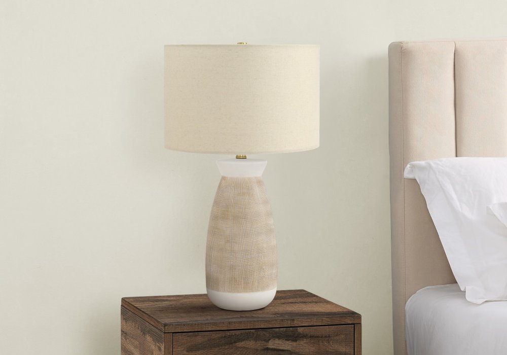 27" Brown and White Ceramic Round Table Lamp With Beige Drum Shade HomeRoots