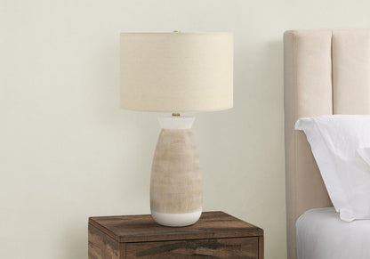 27" Brown and White Ceramic Round Table Lamp With Beige Drum Shade HomeRoots