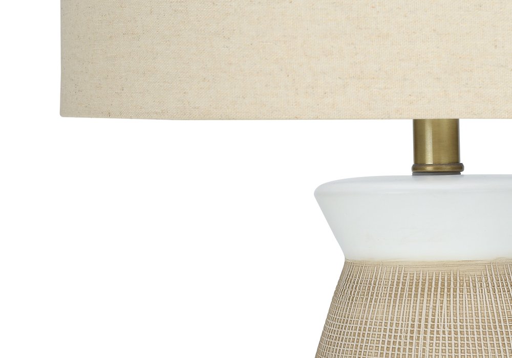 27" Brown and White Ceramic Round Table Lamp With Beige Drum Shade HomeRoots