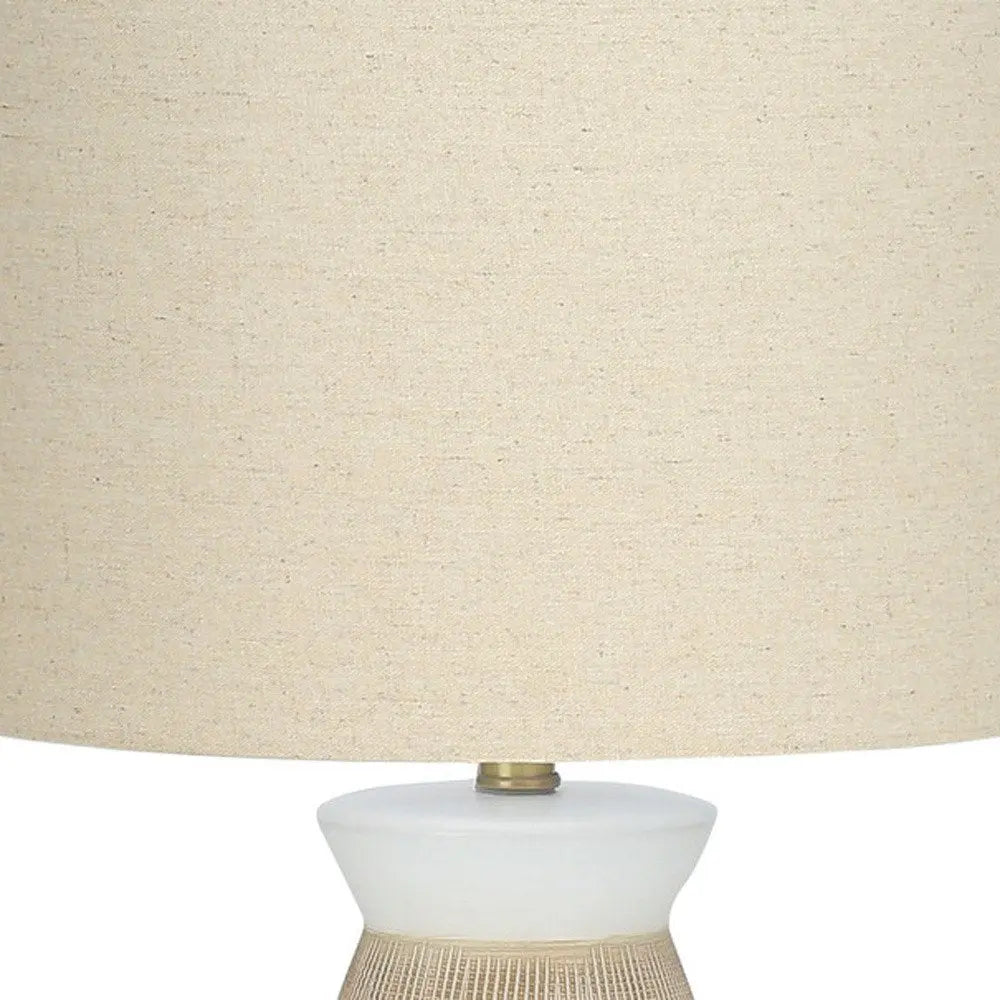 27" Brown and White Ceramic Round Table Lamp With Beige Drum Shade HomeRoots