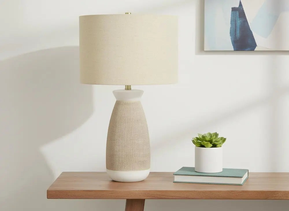 27" Brown and White Ceramic Round Table Lamp With Beige Drum Shade HomeRoots
