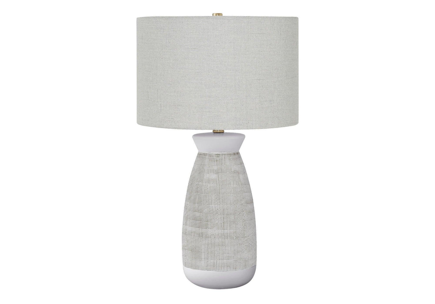 27" Gray and White Ceramic Round Table Lamp With Gray Drum Shade - FurniFindUSA