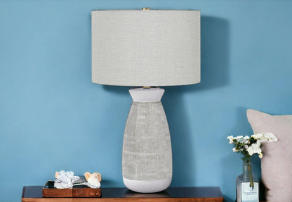 27" Gray and White Ceramic Round Table Lamp With Gray Drum Shade - FurniFindUSA