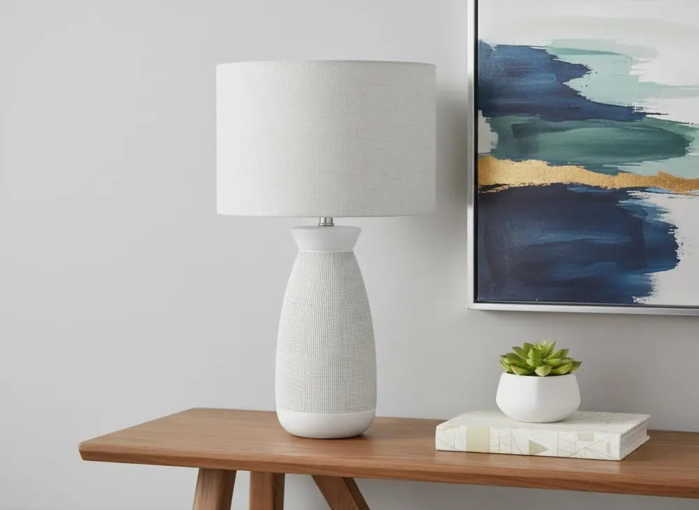 27" Gray and White Ceramic Round Table Lamp With Gray Drum Shade HomeRoots