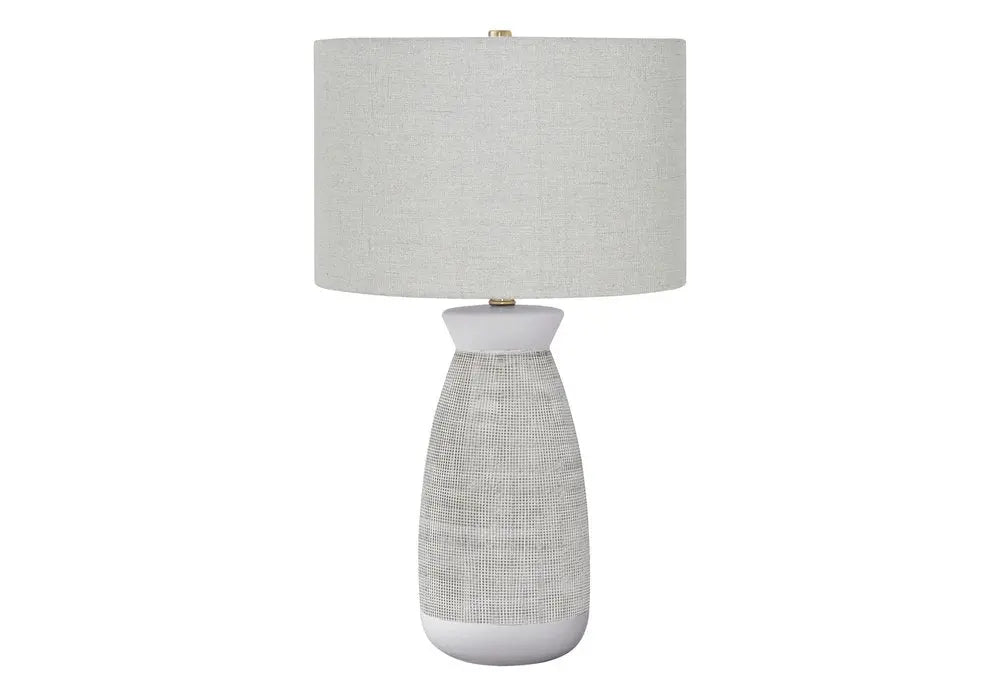 27" Gray and White Ceramic Round Table Lamp With Gray Drum Shade HomeRoots