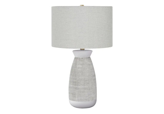 27" Gray and White Ceramic Round Table Lamp With Gray Drum Shade HomeRoots