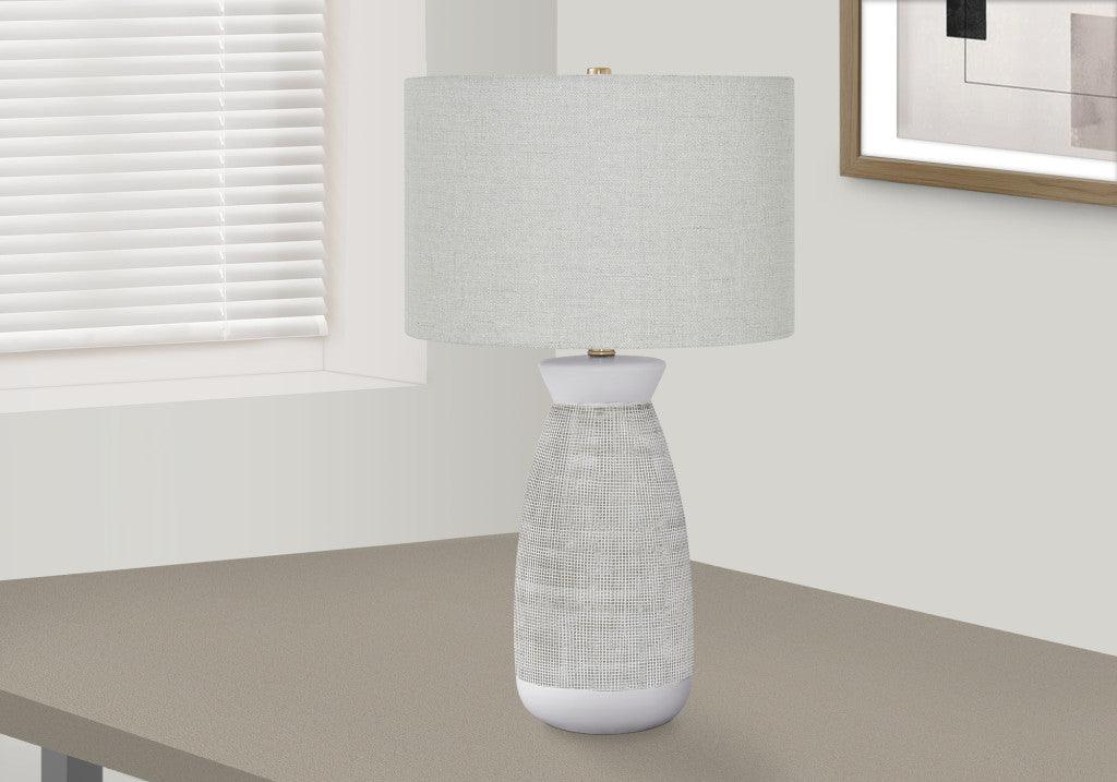 27" Gray and White Ceramic Round Table Lamp With Gray Drum Shade - FurniFindUSA