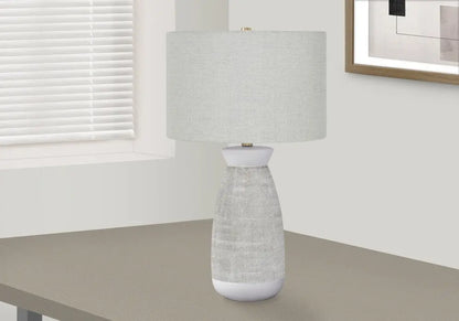 27" Gray and White Ceramic Round Table Lamp With Gray Drum Shade HomeRoots