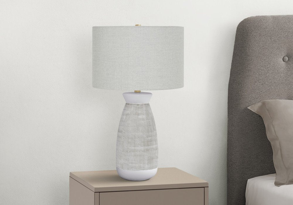 27" Gray and White Ceramic Round Table Lamp With Gray Drum Shade HomeRoots
