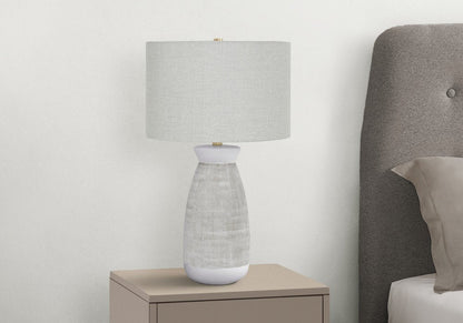 27" Gray and White Ceramic Round Table Lamp With Gray Drum Shade HomeRoots