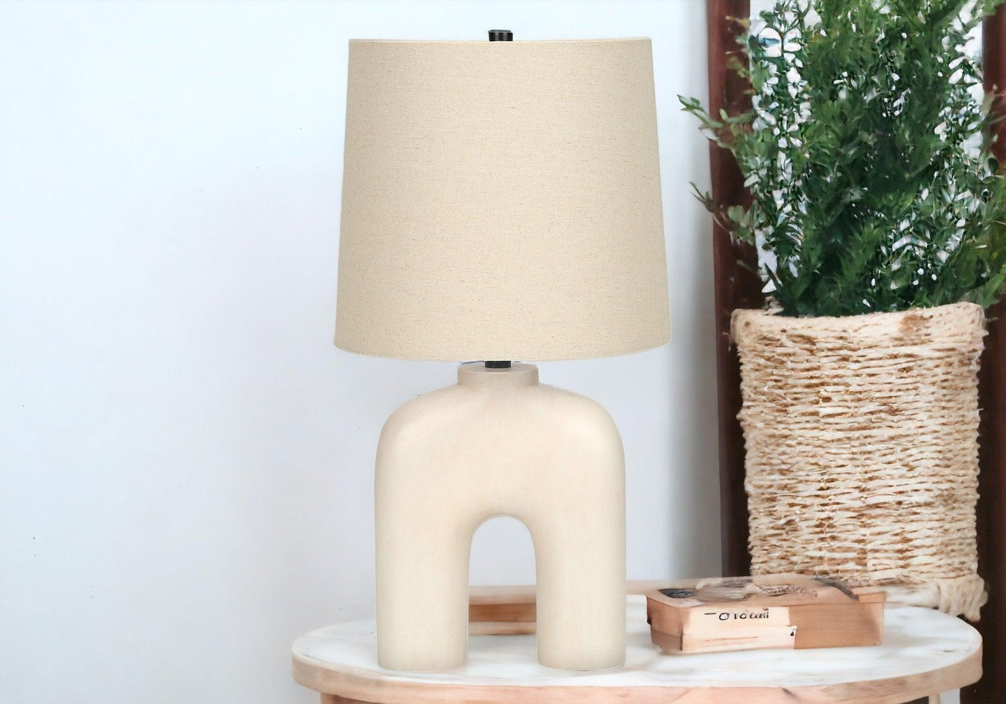 25" Cream Geometric Table Lamp With Beige Empire Shade - FurniFindUSA