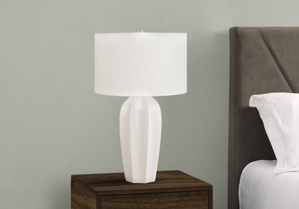 27" Cream Ceramic Geometric Table Lamp With Cream Drum Shade HomeRoots