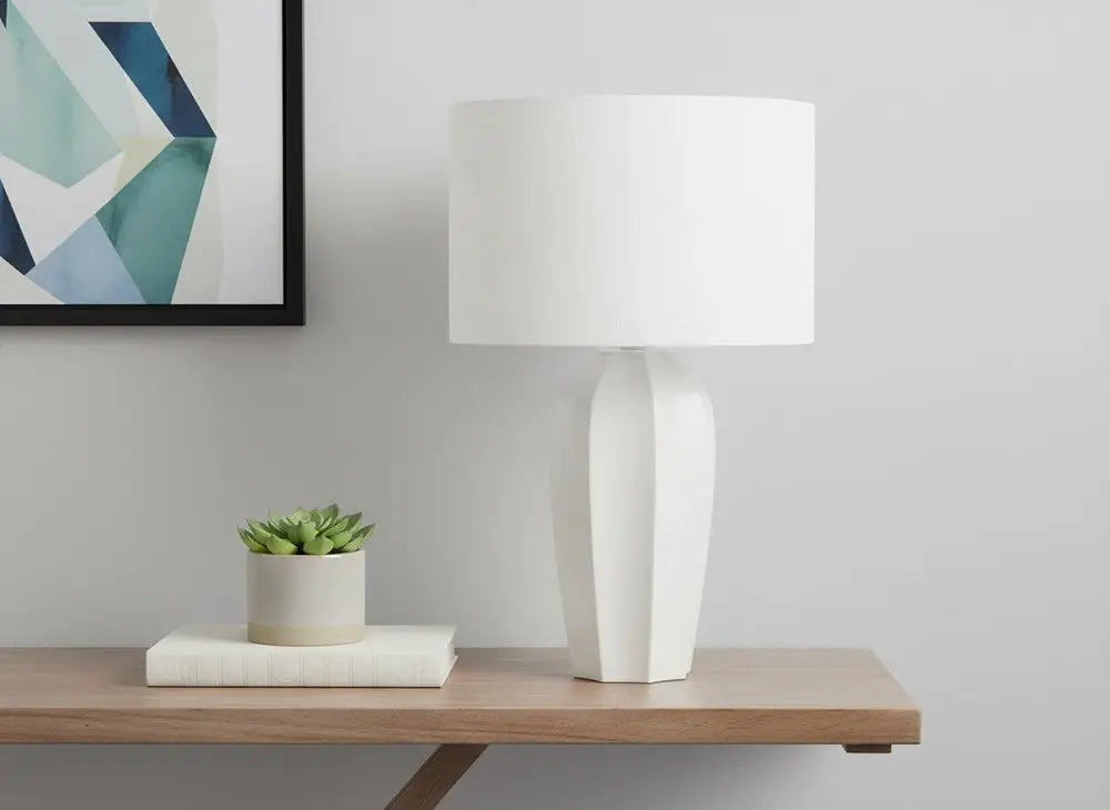 27" Cream Ceramic Geometric Table Lamp With Cream Drum Shade HomeRoots