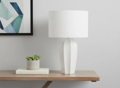 27" Cream Ceramic Geometric Table Lamp With Cream Drum Shade HomeRoots