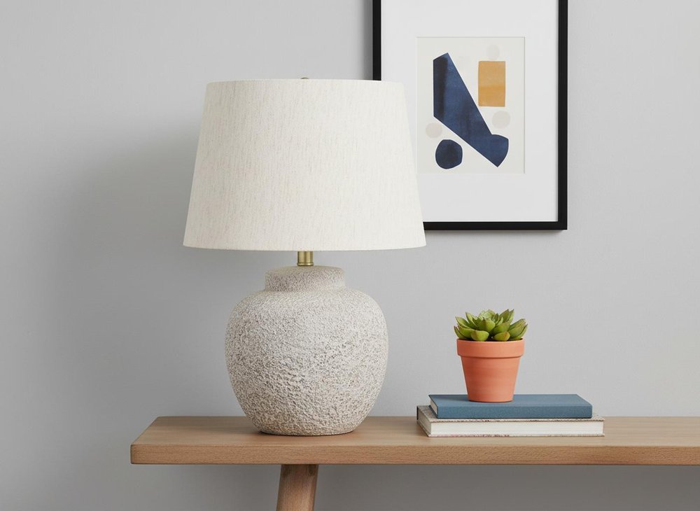 22" Cream Concrete Urn Table Lamp With Cream Abstract Empire Shade HomeRoots
