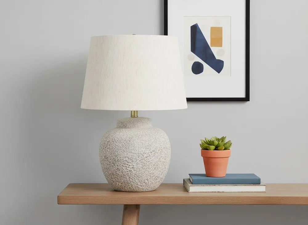 22" Cream Concrete Urn Table Lamp With Cream Abstract Empire Shade HomeRoots