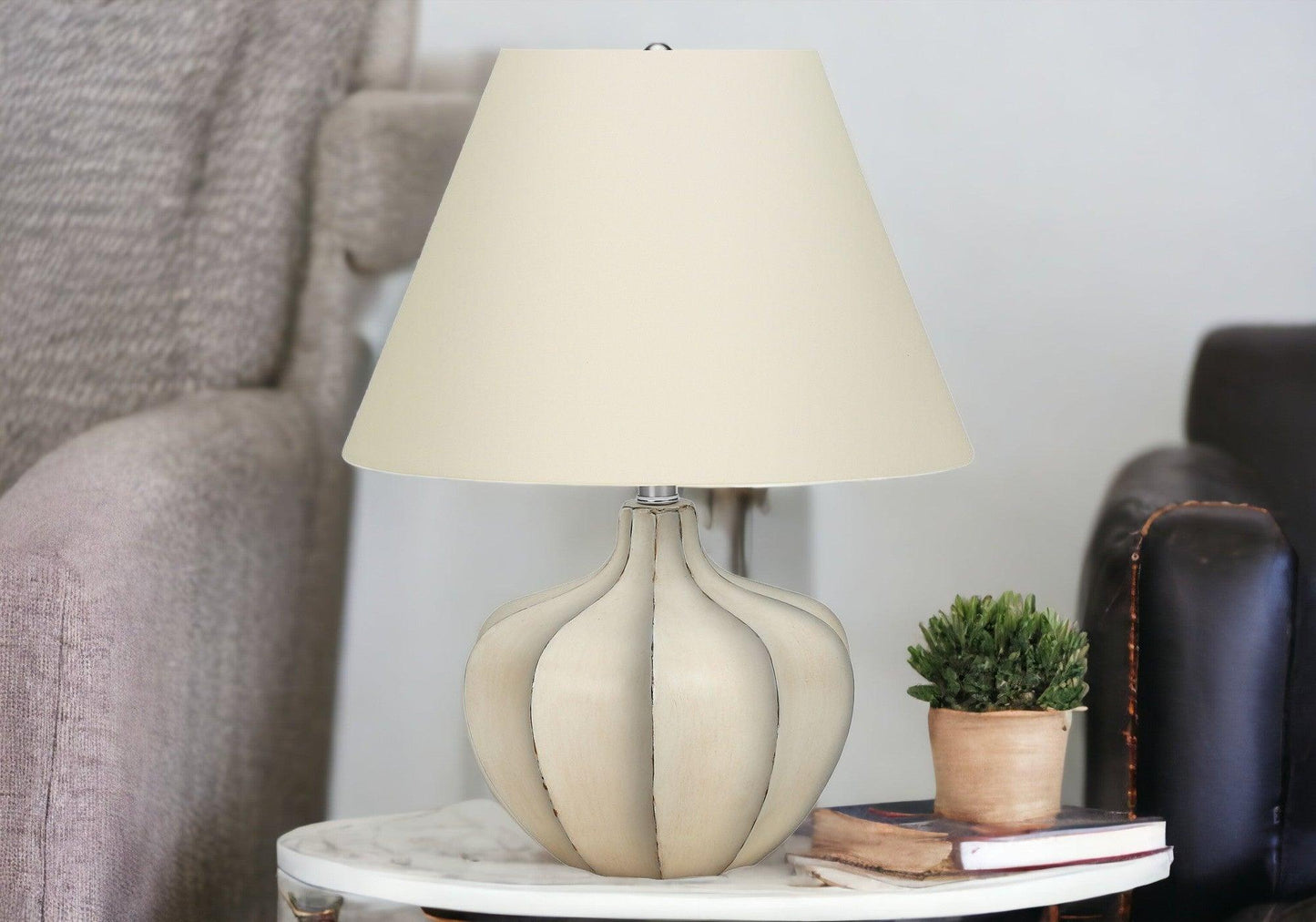 21" Cream Round Table Lamp With Cream Empire Shade - FurniFindUSA