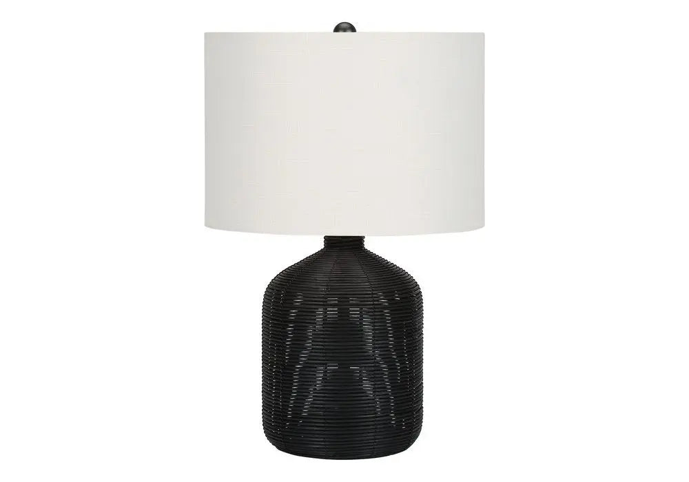 23" Black Rattan Round Table Lamp With Ivory Drum Shade HomeRoots