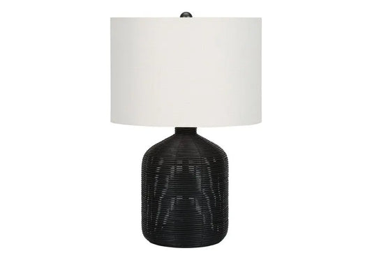 23" Black Rattan Round Table Lamp With Ivory Drum Shade HomeRoots