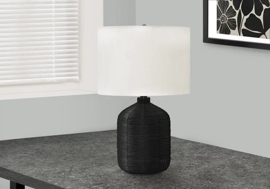 23" Black Rattan Round Table Lamp With Ivory Drum Shade HomeRoots