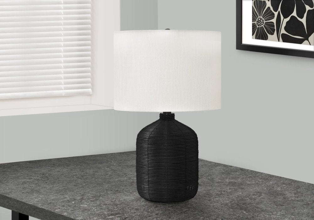 23" Black Rattan Round Table Lamp With Ivory Drum Shade — view 2