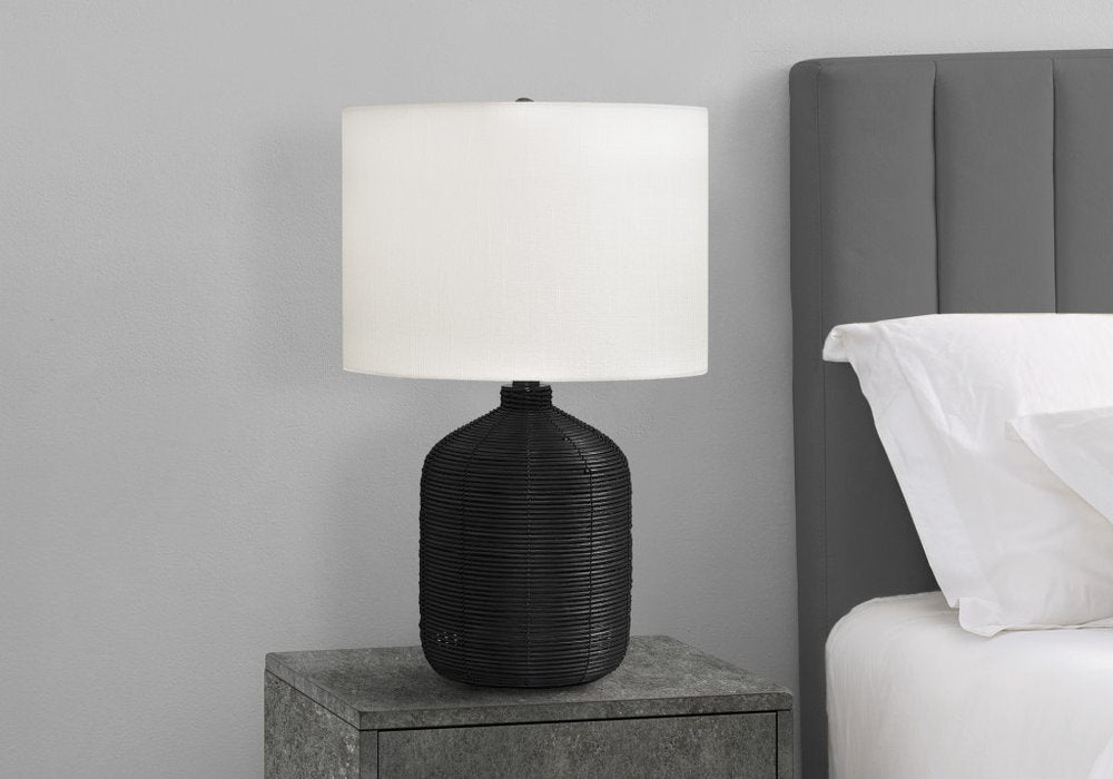 23" Black Rattan Round Table Lamp With Ivory Drum Shade — view 3