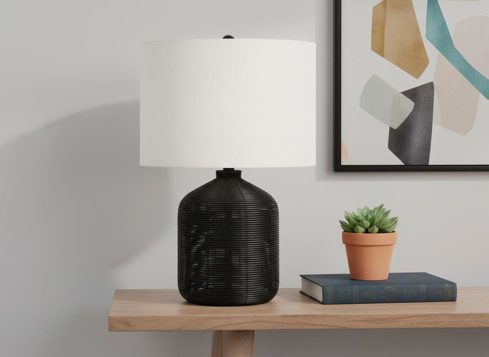23" Black Rattan Round Table Lamp With Ivory Drum Shade — view 9