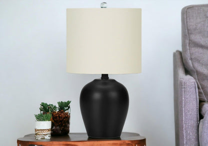 17" Black Ceramic Round Table Lamp With Ivory Drum Shade - FurniFindUSA