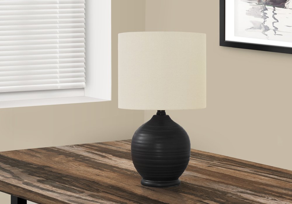 17" Black Ceramic Round Table Lamp With Ivory Drum Shade — view 2