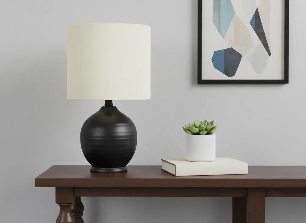 17" Black Ceramic Round Table Lamp With Ivory Drum Shade HomeRoots